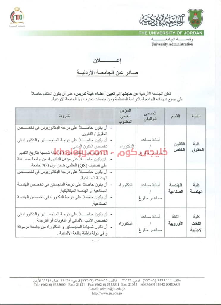 الجامعة الأردنية تعلن عن حاجتها إلى تعيين أعضاء هيئة تدريس ​