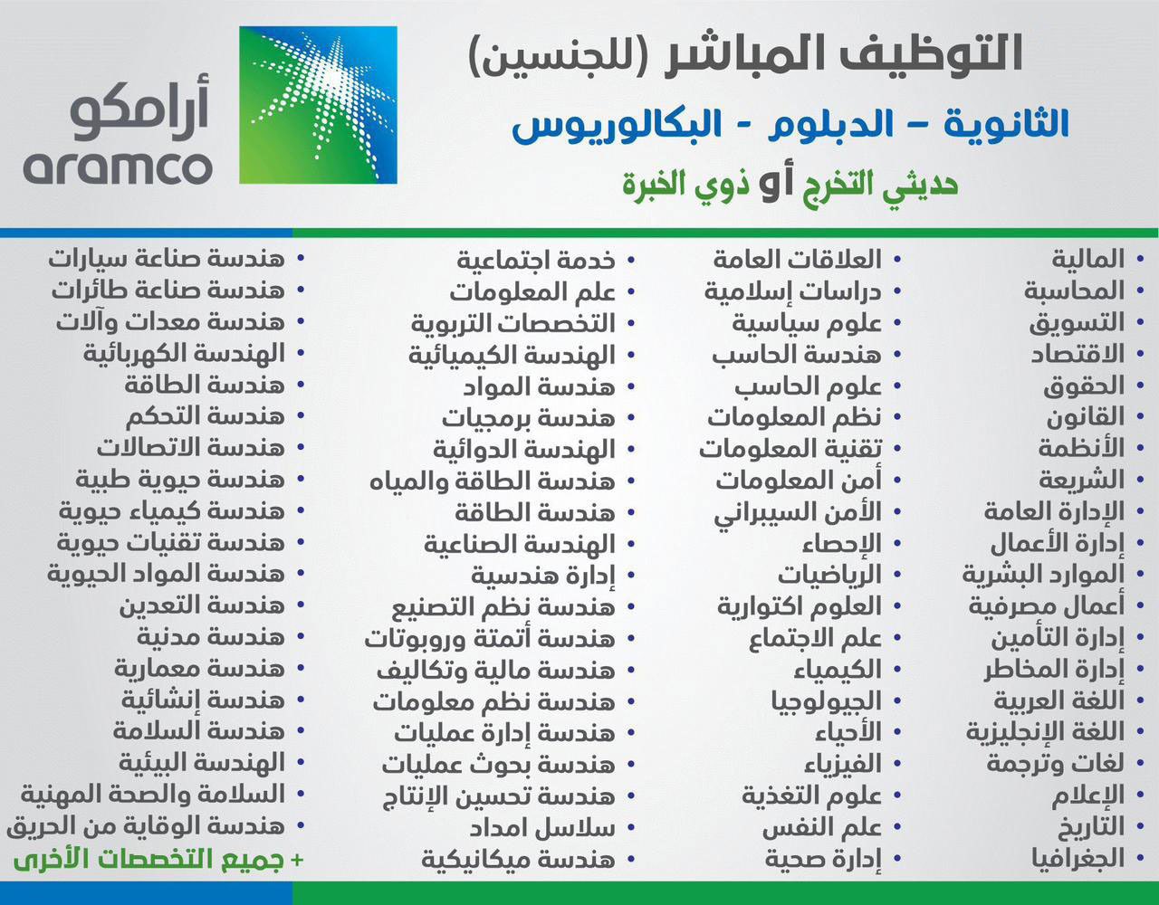 ارامكو توظيف مباشر للثانوي والدبلوم والبكالوريوس (حديثي التخرج وخبرة) للرجال والنساء 1 توظيف ارامكو