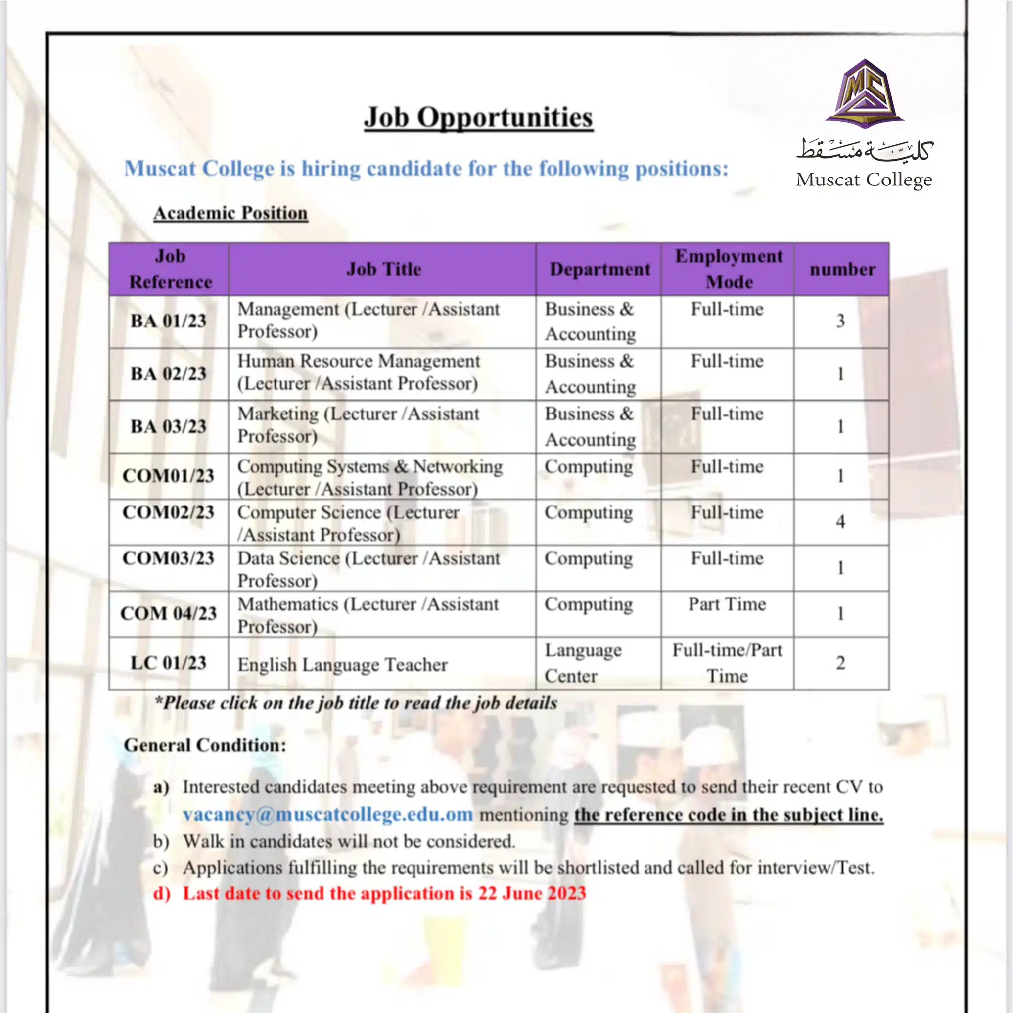 كلية مسقط تعلن عن ( وظائف شاغرة ) برواتب ومزايا عالية لجميع الجنسيات ''Muscat College''