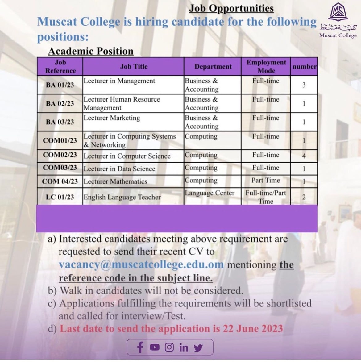 كلية مسقط تعلن عن ( وظائف شاغرة ) لجميع الجنسيات برواتب ومزايا عالية ''Muscat College''