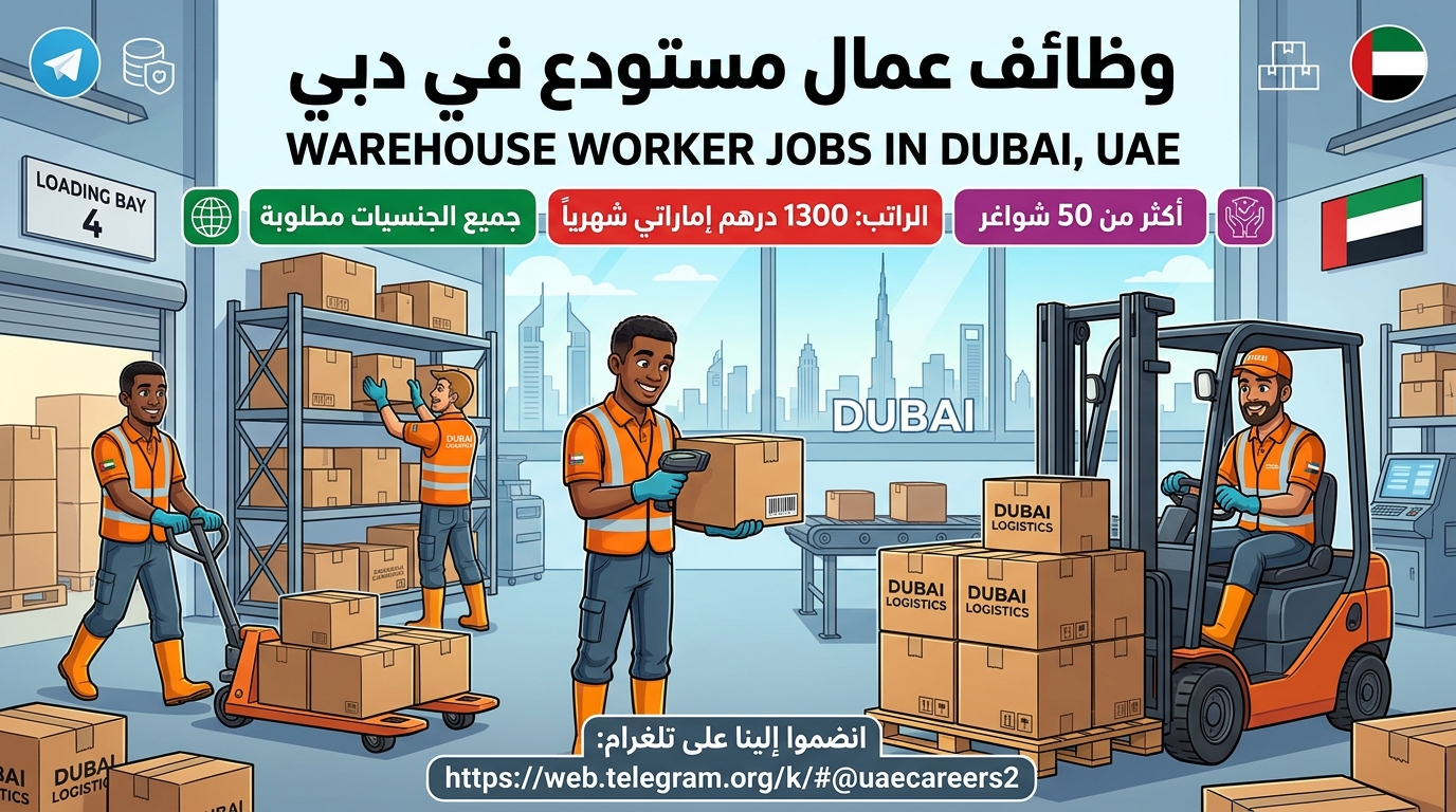 وظائف عمال مستودع في الامارات براتب شهري 1,300 درهم + التأشيرة والتأمين والإقامة والمواصلات ومرافق المطبخ 1 وظائف عمال مستودع