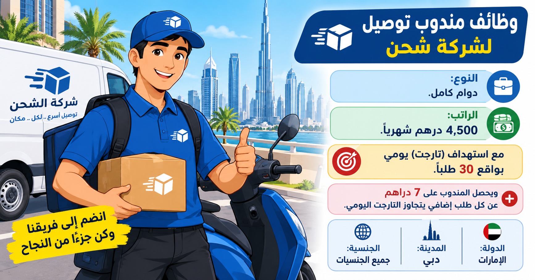 وظائف مندوب توصيل لشركة شحن في دبي براتب شهري ثابت 4,500 درهم + عمولة ( جميع الجنسيات) 1 وظائف مندوب توصيل لشركة شحن